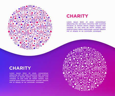 Charity concept in circle with thin line icons: donation, save world, reunion, humanitarian aid, medical support, charity to disabled people, life saving. Vector illustration, print media template.のイラスト素材