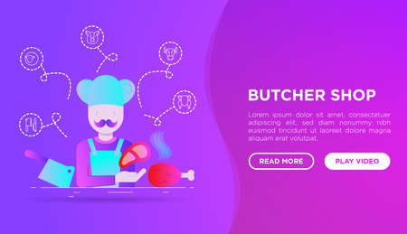 Butcher shop concept: chef with meat steak and knife. Web page template in flat style with gradient. Thin line icons: beef, pork, mutton, chicken. Modern vector illustration.のイラスト素材
