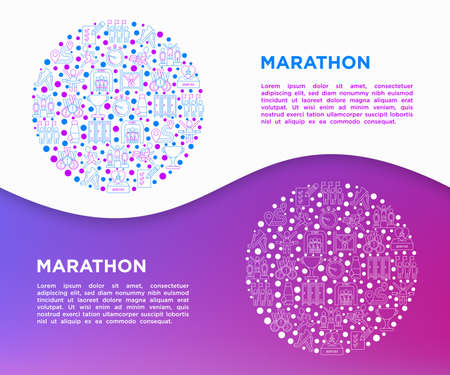 Marathon concept in circle with thin line icons: runner, start, finish, running shoes, bottle of water, route, award, changing room, memory photo, donation, fan zone. Vector illustration.のイラスト素材