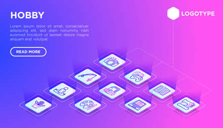 Hobby web page template with thin line isometric icons: reading, gaming, gardening, photography, sewing, fishing, yoga, blogging. Modern vector illustration.のイラスト素材