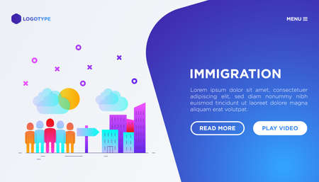 Immigration web page template with gradient flat icons: immigrants moving to the big city. Modern vector illustration.のイラスト素材