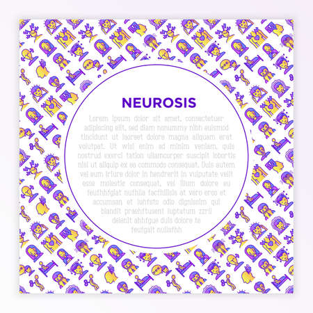 Neurosis concept with thin line icon: panic attack, headache, fatigue, insomnia, despair, phobia, mood instability, stuttering, psychalgia, dizziness. Vector illustration, print media template.のイラスト素材