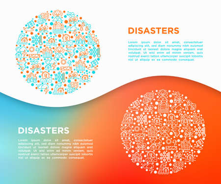 Disasters concept in circle with thin line icons: earthquake, tsunami, tornado, hurricane, flood, landslide, drought, snowfall, eruption, thunderstorm. Vector illustration, print media template.のイラスト素材