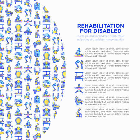 Rehabilitation for disabled concept with thin line icons: magnetic therapy, laser, massage, lymphatic drainage, exoskeleton, cryotherapy, biomechatronics, suspension system. Vector illustration, web page template.のイラスト素材