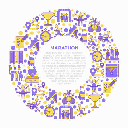 Marathon concept in circle with thin line icons: runner, start, finish, running shoes, bottle of water, route, award, changing room, memory photo, donation, fan zone. Vector illustration.のイラスト素材
