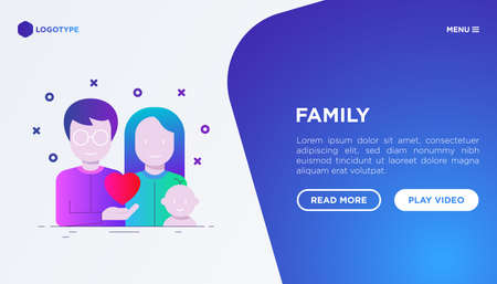 Happy young family concept: father, mother and baby. Web page template with gradient flat icons. Modern vector illustration for medical insurance or social issues.のイラスト素材