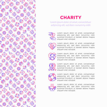 Charity concept with thin line icons: donation, save world, reunion, humanitarian aid, ribbon, medical support, charity to disabled people, life saving. Vector illustration, print media template.のイラスト素材