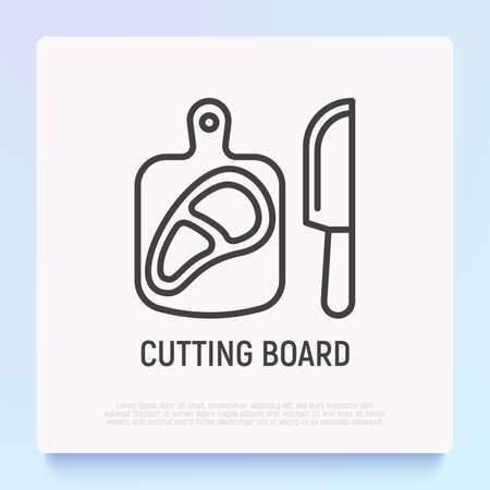 Cutting board with steak and knife thin line icon. Modern vector illustration.のイラスト素材