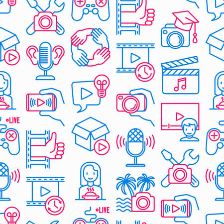 Video blogging seamless pattern with thin line icons: vlog, ASMR, mukbang, unboxing, DIY, stream game, review, collaboration, podcast, tips and tricks. Modern vector illustration.のイラスト素材