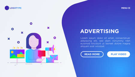 Advertising web page template: woman gives ad on billboard, email and social media. Flat gradient icons. Vector illustration.のイラスト素材