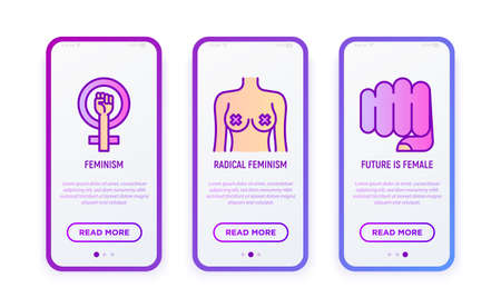 Feminism thin line icons set. Modern vector illustration for user mobile interface.のイラスト素材