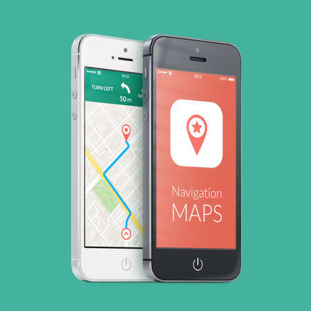 Black and white smartphones with map gps navigation application with planned route on the screen on green. High quality.の写真素材