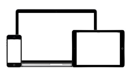 Mockup consisting of laptop, tablet pc in landscape orientation and mobile smartphone with blank...