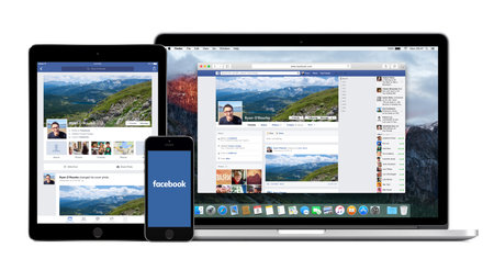 Facebook website on the Apple Macbook Pro display and Facebook apps on the iPad Air 2 and iPhone 5s...