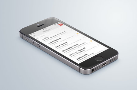 Varna, Bulgaria - May 31, 2015: Google Gmail app logo on the black Apple iPhone 5s display that lies...