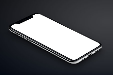 Perspective view isometric black smartphone mockup lies on dark surface
