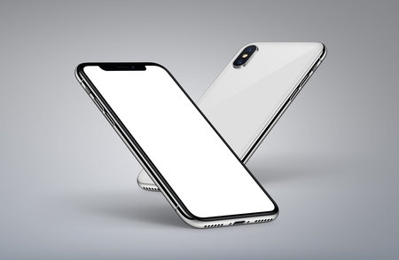Perspective smartphones mockup back side and front side with white screen on light background