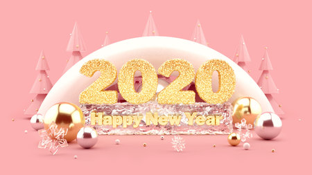 2020 Happy New Year 3D illustration with golden glittering lettering and decorated Christmas trees....