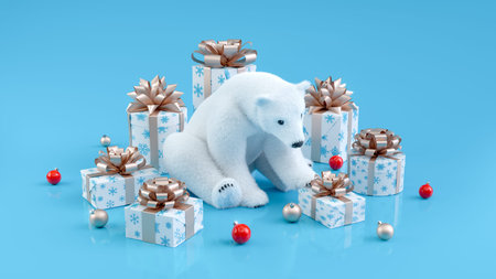 Cute polar bear with Christmas gift boxes on blue background. Merry Christmas and Happy New Year card. 3D illustration.の写真素材