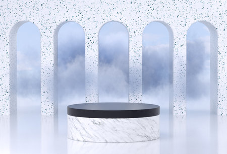 Podium stand with terrazzo stone arcs for product display. Podium for product display with clouds. 3D background showcase for cosmetic products. 3D rendering.の写真素材