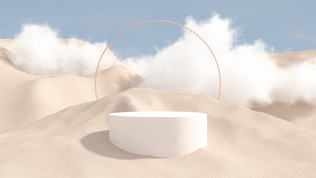 3d render abstract platform podium on water and waving curtains. Realistic pastel mock-up for products promotion. Abstract modern minimal background with emty podium.の写真素材