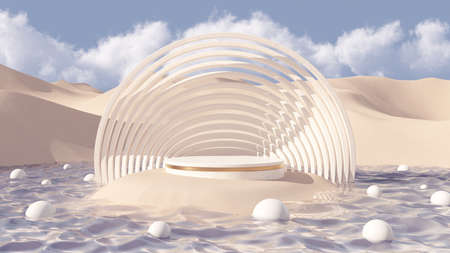 Podium for packaging or cosmetics presentation. Minimal mockup background with marble product podium and geometric abstract stone shapes, sand dunes with water and cloudy sky. 3d rendering.の写真素材
