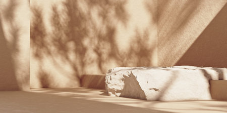 Stone plate podium with rough textured edges on minimalist beige wall background with leaf shadows....