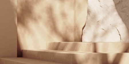Minimal beige abstract background with stone steps podium for product and cosmetic presentation. Natural sunshade shadow on the wall. 3d rendering mock up for the exhibition or products presentation.の写真素材