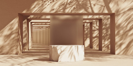 Stone slab podium abstract background with sunshade shadows on stone arcs. Minimal mockup background...