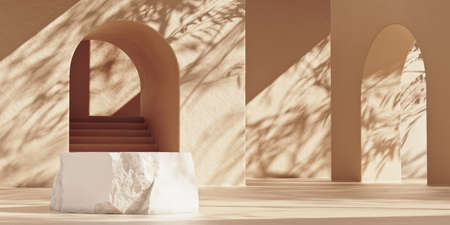 Mockup stone product podium with broken edges and copy space. Beige wall with arches and leaf shadows. Trendy minimalist 3d rendering podium illustration.の写真素材