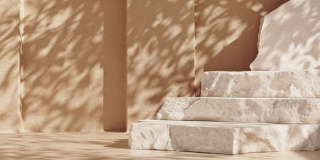 White stone slabs stepped product podium. Copy space pastel background with sunshade shadows. Mock-up scene for product display. 3D rendering illustration.の写真素材