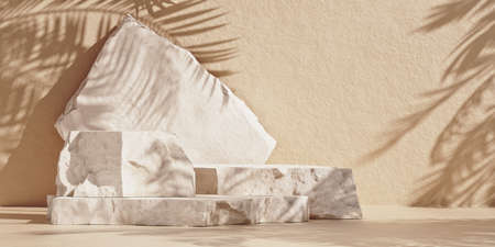 Minimal mockup with premium podium made of natural stone slabs and palm-leaf shadows on the brown wall. 3d rendering illustration.の写真素材
