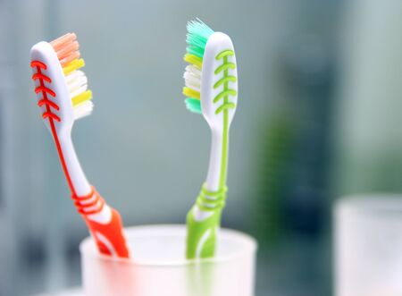 Two toothbrushes in the glassの写真素材