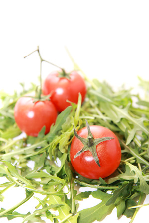 Fresh rucola with tomatoes isolated on white  Rucola leaves and cherry tomatoes の写真素材