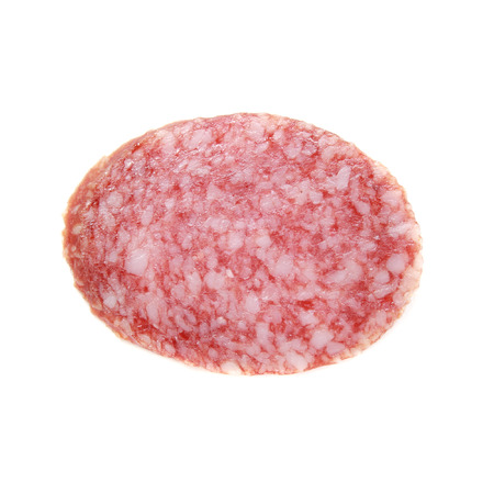 Sausage slice isolated on white. Salami slice.の写真素材