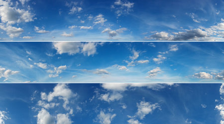 Three beautiful sky panoramas, cloudscape over horizon. Blue sky and clouds, heaven.