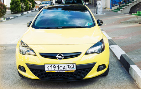 SOCHI, RUSSIA - APRIL 29, 2016: Opel Astra parked on the streets of Sochi. Opel Astra front view.のeditorial素材