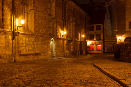 Riga, Latvia - March 04, 2014: Romantic ancient street in old city. The old town of Riga is listed under the UNESCO world heritage sites.のeditorial素材