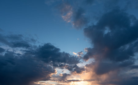 Beautiful evening sky over horizon, majestic sunset. Sky and clouds at beautiful evening.