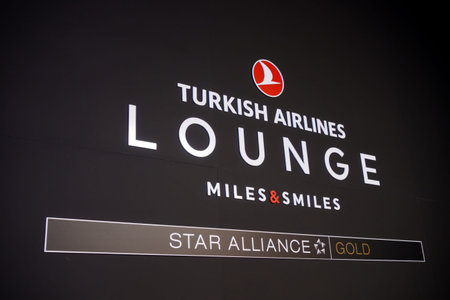 Istanbul, Turkey - March 15, 2022: sign of Turkish Airlines in business lounge. Turkish Airlines was...