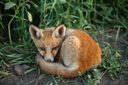 a red fox curled up in a ball on the green grass