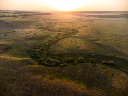 beautiful landscape landscape at dawn from a birds eye viewの写真素材