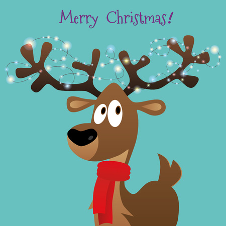 Merry Christmas card with cartoon deer, tree toys on big horns, presents, vector illustration. Happy new yearのイラスト素材