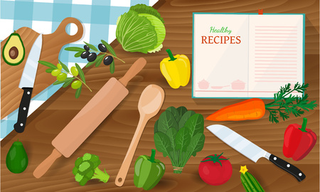Healthy eating and tasty recipes banner with vegetables. Cooking concept. Groceries on wooden tableのイラスト素材