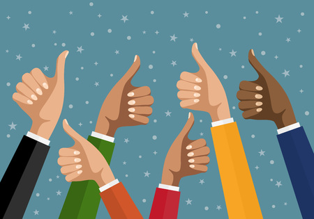 Cheering business people holding many thumbs. Like this. Flat design multicultural group thumbs up. EPS 10 vector.のイラスト素材