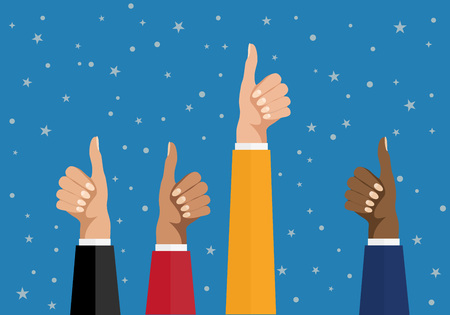 Cheering business people holding many thumbs. Like this. Flat design multicultural group thumbs up. EPS 10 vector.のイラスト素材