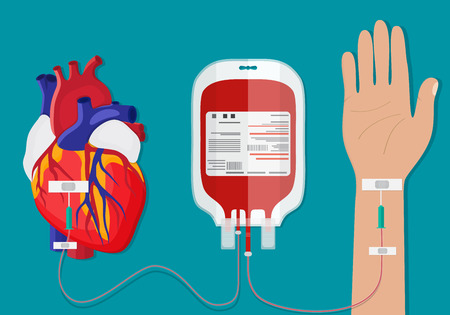 Blood bag and hand of donor. Blood donation day concept. Human donates blood. Vector illustration in flat style.の写真素材