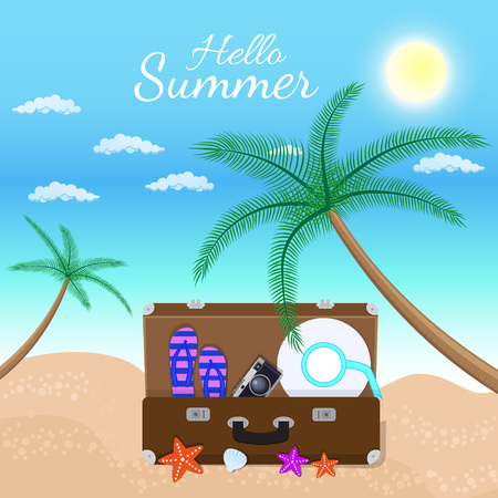 Vacation travelling composition with the open bag. Touristic signs concept. Take vacation concept with logo. Hello summer holidaysのイラスト素材