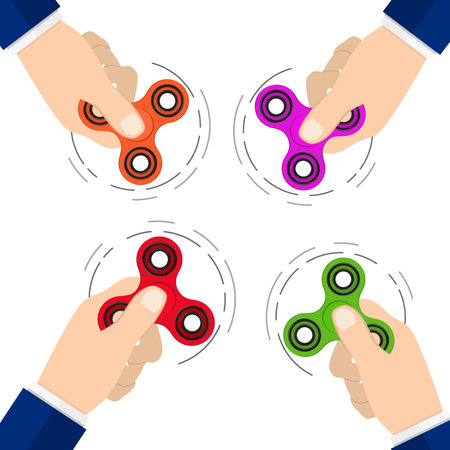 Colorful hand fidget spinner toys isolated on white background - it relieves stress, three-dimensional rendering,のイラスト素材