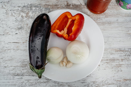 Vegetables on a plate close-up in the kitchen. View from aboveの写真素材